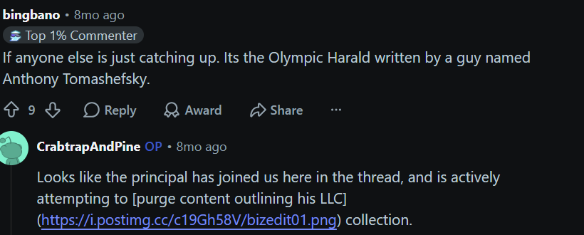 Screenshot of a Reddit comment by u/bingbano reading: 'If anyone else is just catching up. Its the Olympic Harald written by a guy named Anthony Tomashefsky.'
