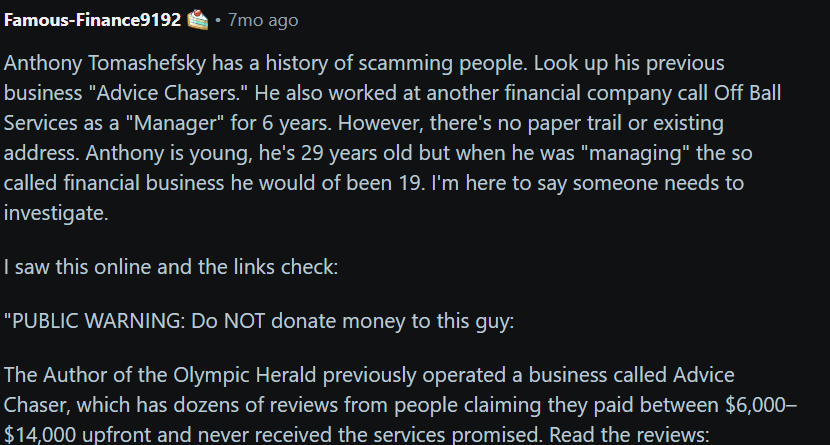 Reddit comment by u/Famous-Finance9192 on r/PortAngeles2 describing Advice Chaser reviews claiming $6,000 to $14,000 paid upfront for services never received, and tracing the company's address to a Sequim storage unit