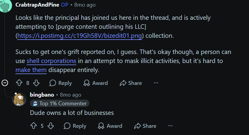 Reddit comment on r/PortAngeles2 describing shell corporations linked to the Olympic Herald's owner
