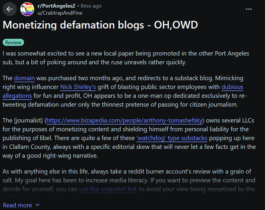 Screenshot of the Reddit post 'Monetizing defamation blogs - OH, OWD' on r/PortAngeles2 discussing the Olympic Herald